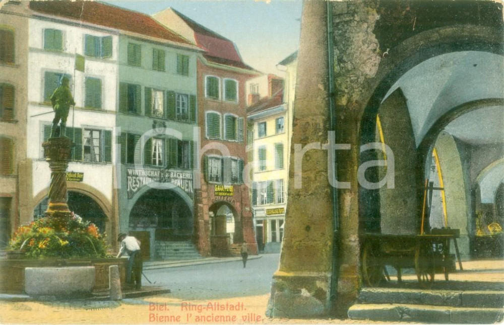 Cartolina originale da collezione 1911 BIENNE SVIZZERA Ristorante PFAUEN in piazza Cartolina FP VG 1