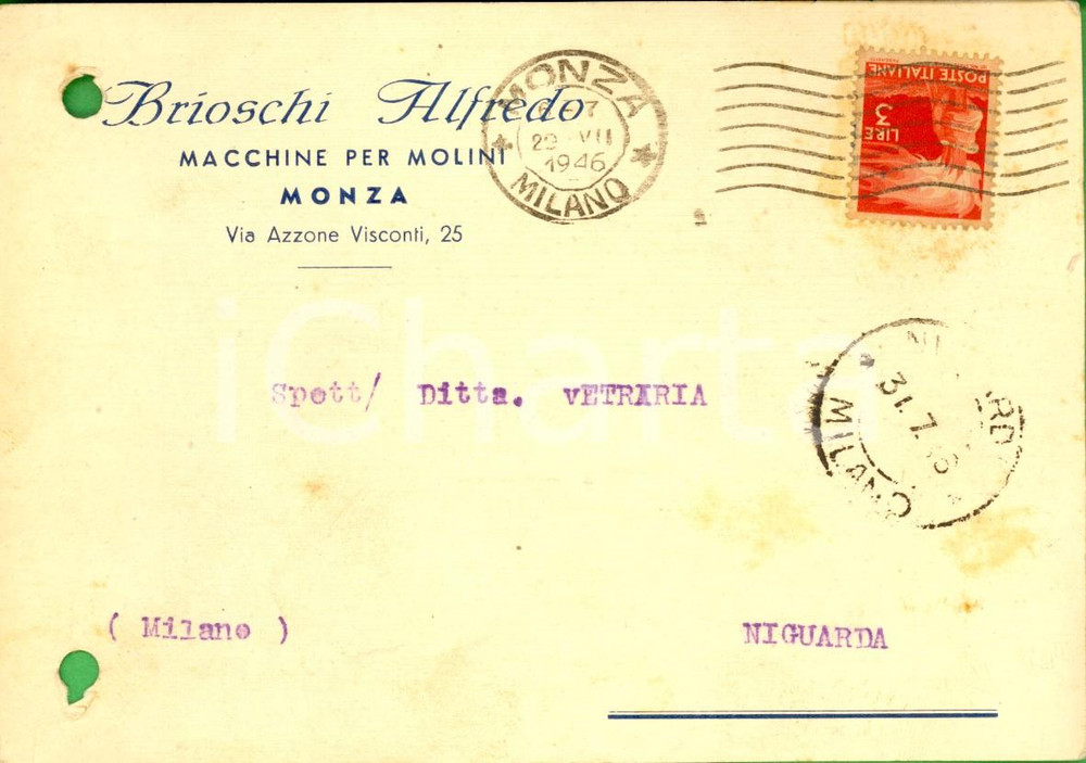 Cartolina originale da collezione 1946 MONZA Alfredo BRIOSCHI Macchine per molini Cartolina intestata FG VG 1