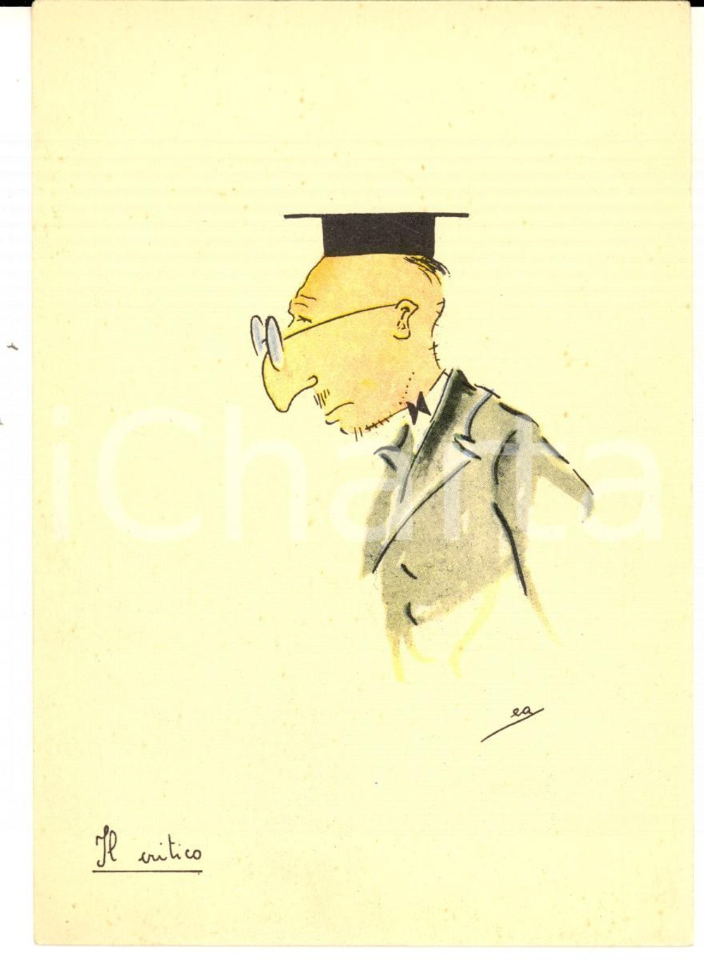 Cartolina originale da collezione 1940 ca SATIRA ACCADEMICA Il critico Cartolina ILLUSTRATA Firma EA 1