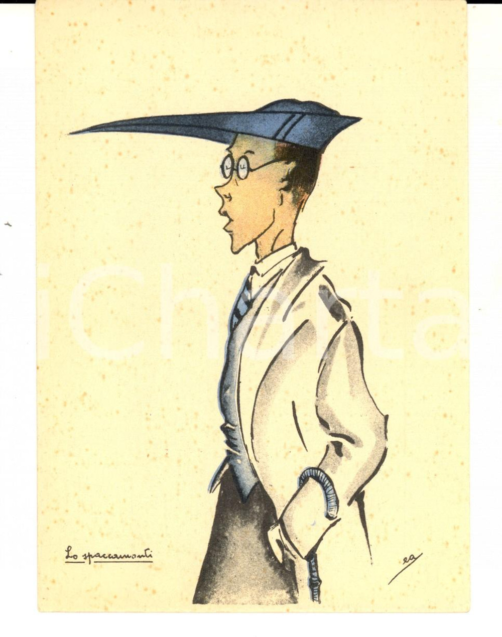 Cartolina originale da collezione 1940 ca SATIRA ACCADEMICA Lo spaccamonti Cartolina ILLUSTRATA Firma EA 1
