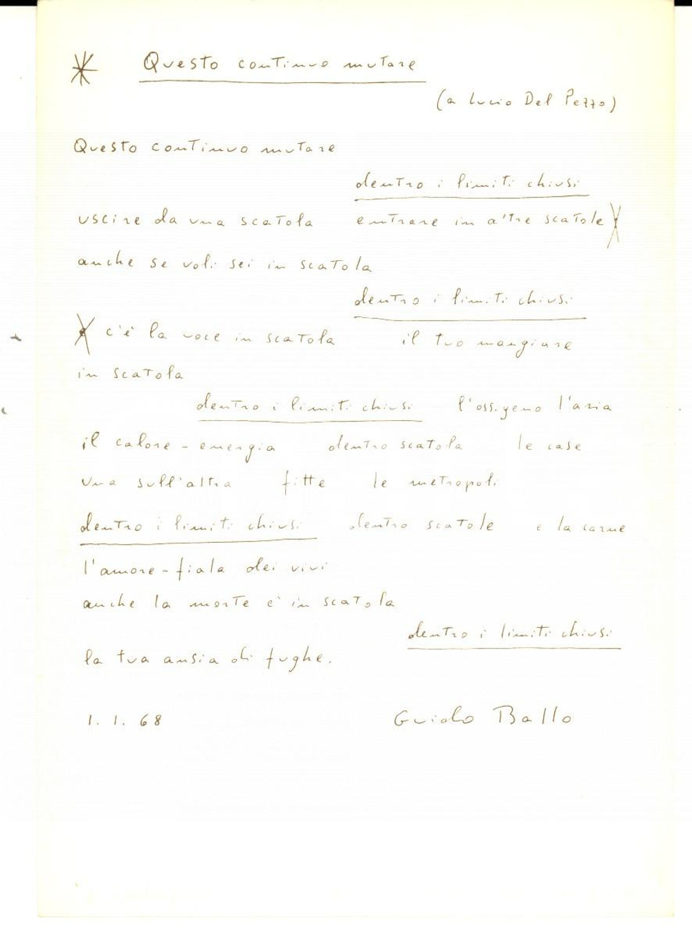 Cartolina originale da collezione 1970 ca Guido BALLO Questo continuo mutrare  per Lucio DEL PEZZO Cartolina n°9 1