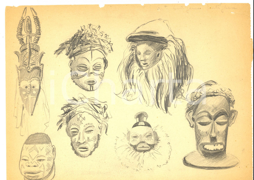 Stampa, bozzetto originale 1980 ca ARTE AFRICANA Gruppo di maschere Bozzetto a matita 29x20 cm 1