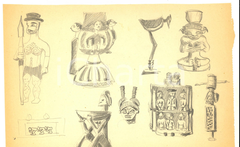 Stampa, bozzetto originale 1980 ca ARTE AFRICANA Statue e arredi tribali Bozzetto a matita 29x20 cm 1