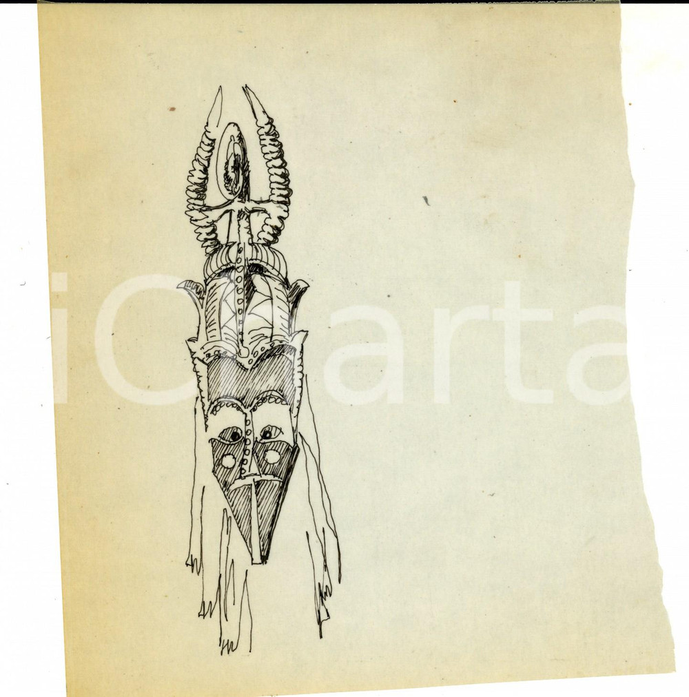Stampa, bozzetto originale 1980 ca ARTE AFRICANA Maschera tribale  Bozzetto china su lucido 16x18 cm 1