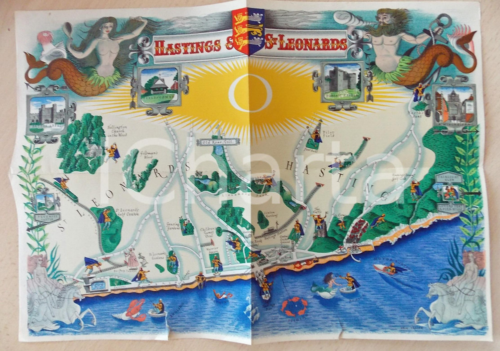Materiale pubblicitario d’epoca 1950 ca HASTINGS  ST. LEONARDSONSEA Turistic VINTAGE map 36x26 cm 1