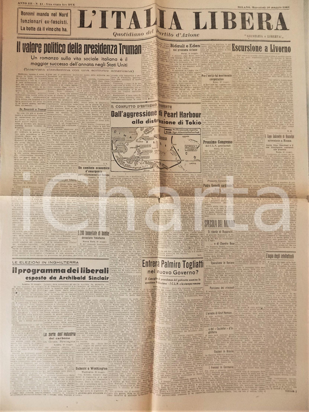 Giornale, rivista storica 1945 L ITALIA LIBERA Gino MESCHIARI arrestato a Roma Giornale PARTITO D AZIONE 1