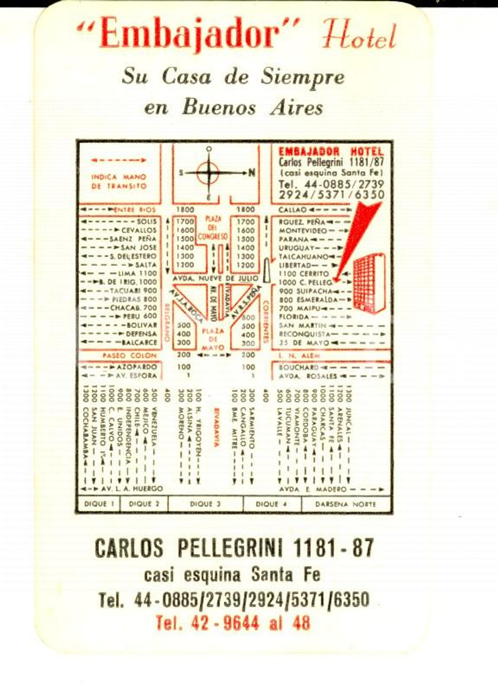 Oggetto da collezione cartaceo 1968 BUENOS AIRES Carta HOTEL EMBAJADOR con calendario al verso VINTAGE 1