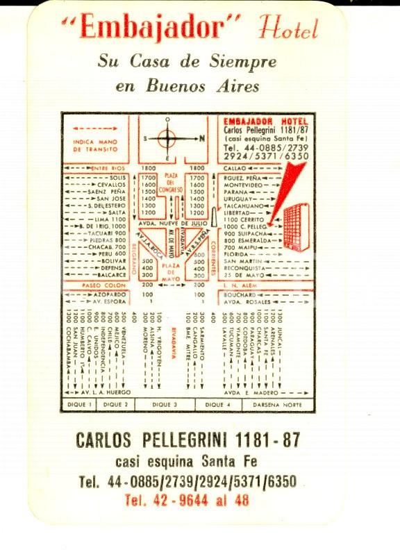 Oggetto da collezione cartaceo 1968 BUENOS AIRES Carta HOTEL EMBAJADOR con calendario al verso VINTAGE 1
