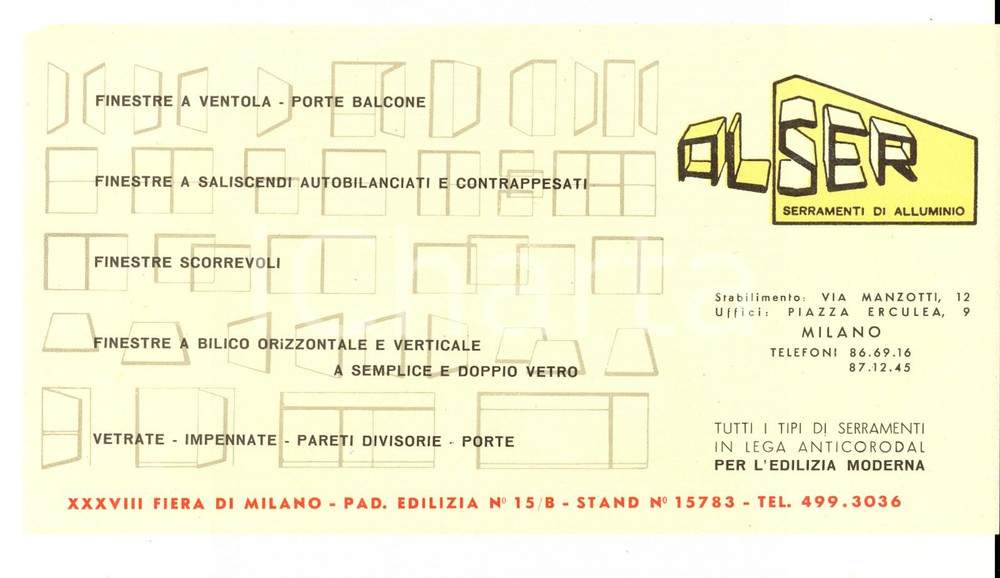 Materiale pubblicitario d’epoca 1960 MILANO XXXVIII Fiera   Ditta ALSER Serramenti alluminio Volantino 1