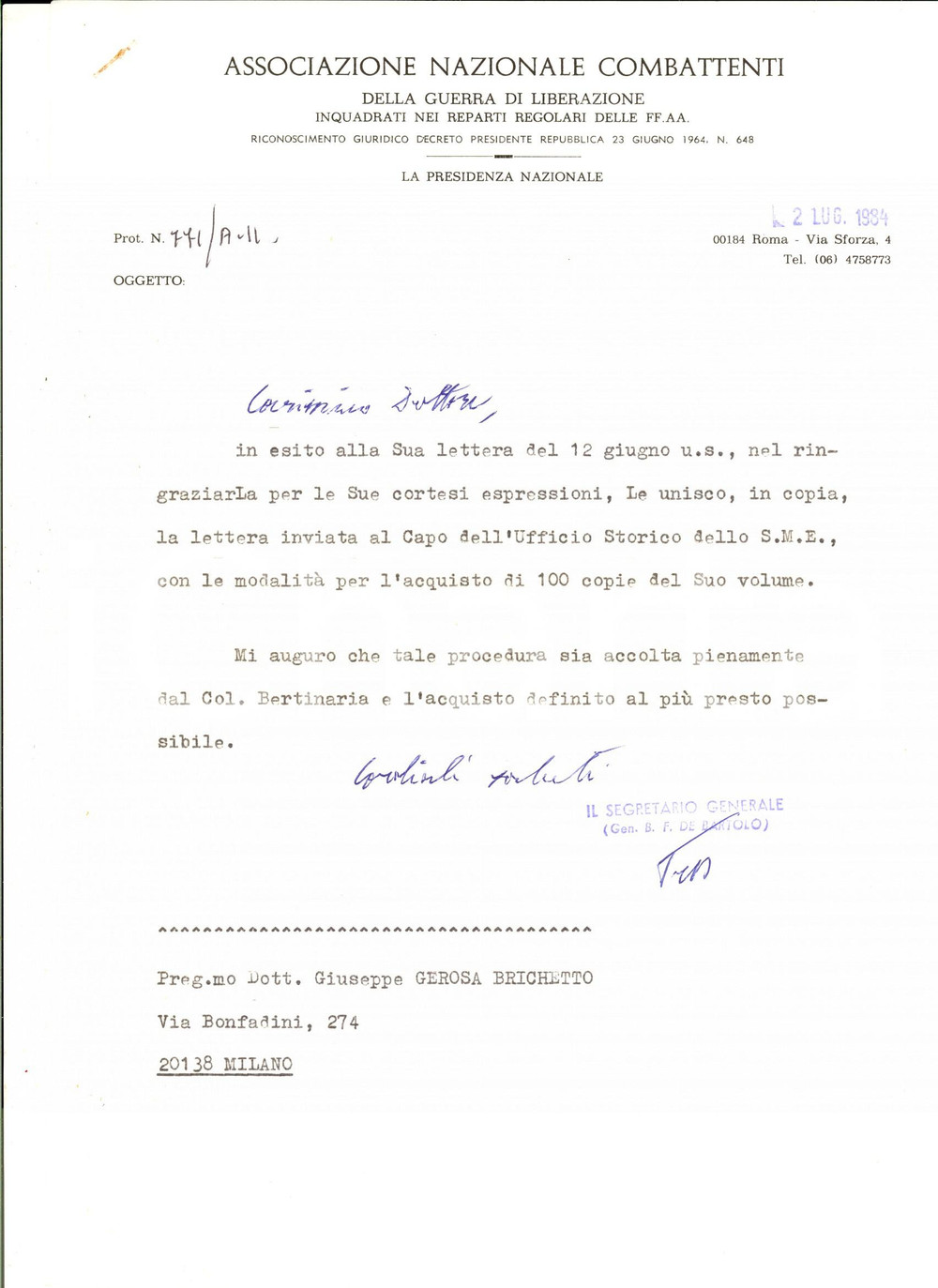 Manoscritto, lettera originale 1984 ROMA Lettera Associazione Nazionale Combattenti  Autografo gen. DE BARTOLO 1