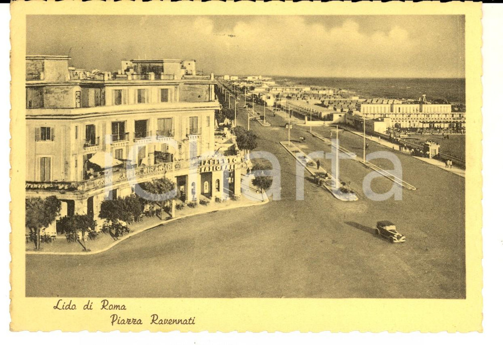 Cartolina originale da collezione 1952 OSTIA RM Piazza RAVENNATI e Gran CaffÃ¨ MIRAMAR Cartolina FG VG auto 1