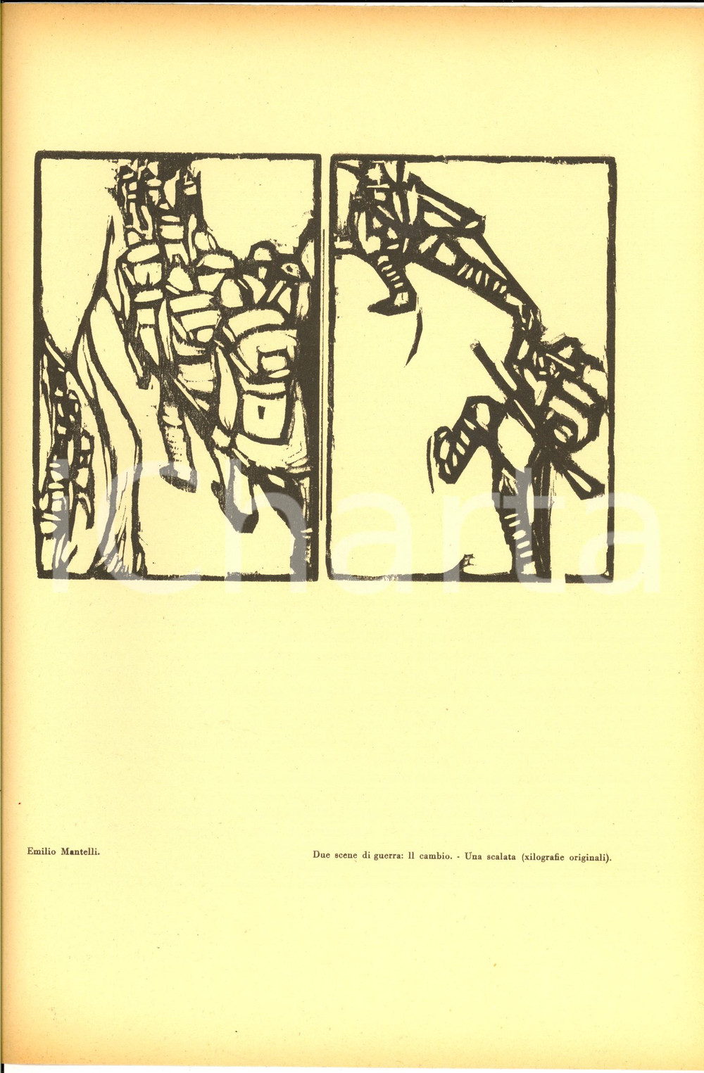Stampa, bozzetto originale 1936 Emilio MANTELLI Due scene di guerra Stampa da L EROICA n° 217218 24x33 cm 1