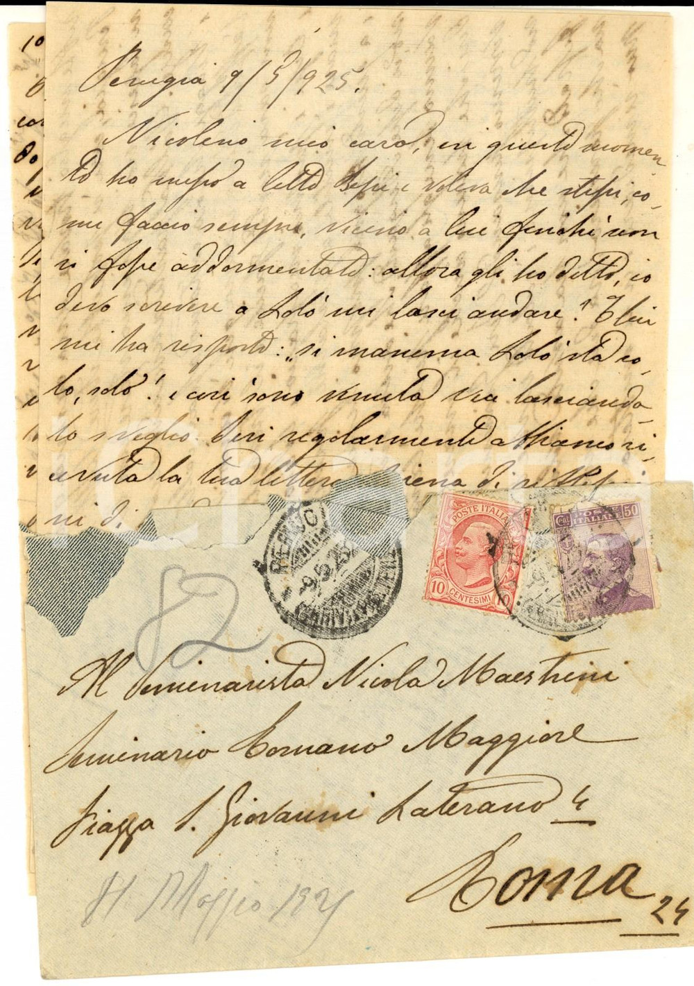 Manoscritto, lettera originale 1925 PERUGIA Lettera al seminarista Nicola MAESTRINI dalla madre 6 pagine 1