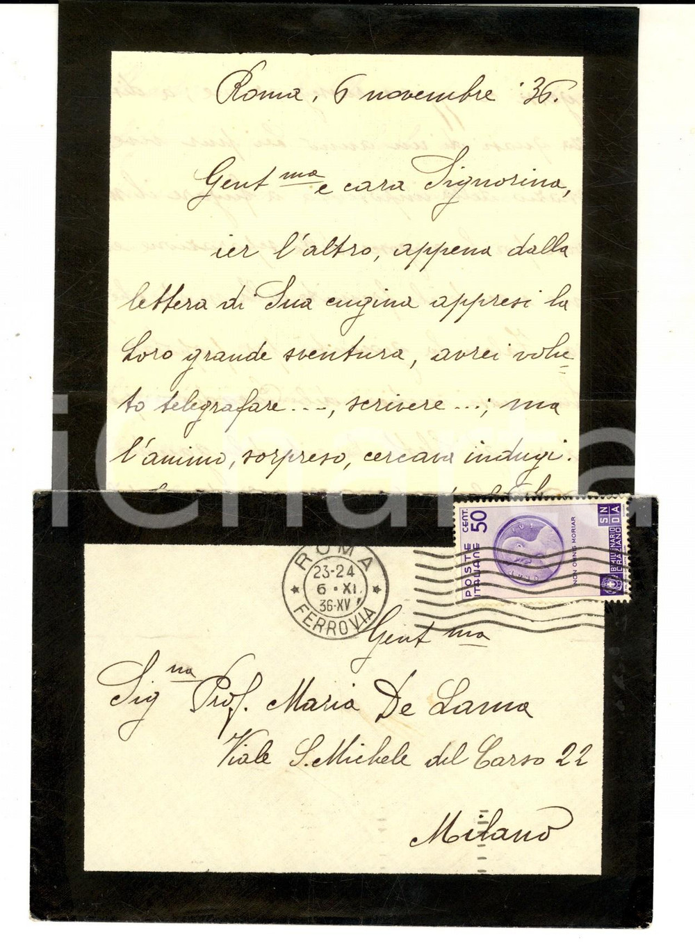 Manoscritto, lettera originale 1936 ROMA STORIA POSTALE Lettera Emma GAMBARDELLA Bimillenario oraziano 50 cent. 1