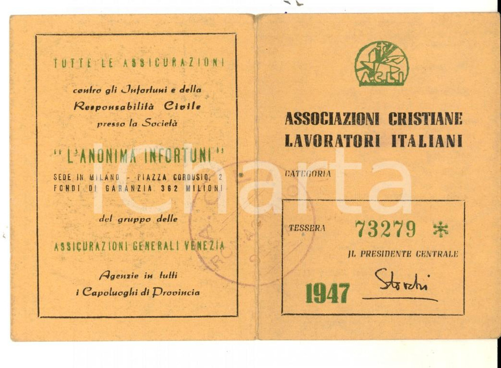Oggetto da collezione cartaceo 1947 ROMAGNANO SESIA Tessera ACLI  Gaudenzio BIANCHI operaio 1