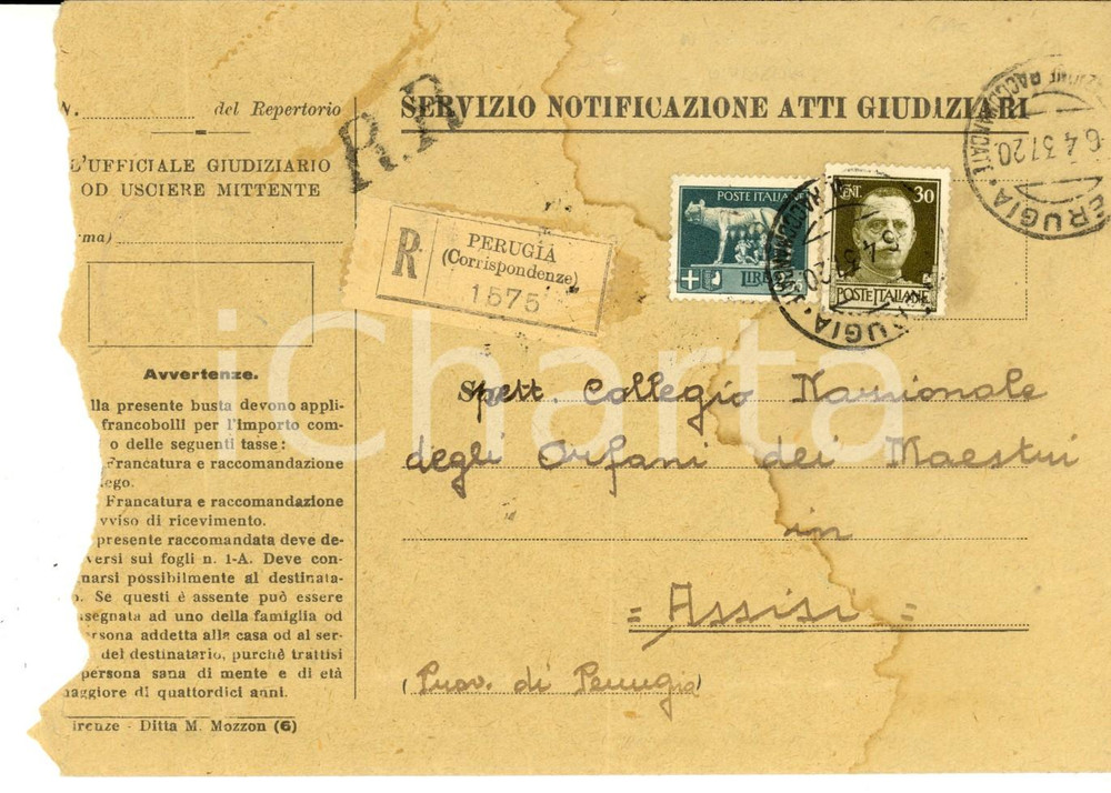Cartolina originale da collezione 1937 STORIA POSTALE PERUGIA Busta raccomandata atti giudiziari L. 2,55 cent. 30 1