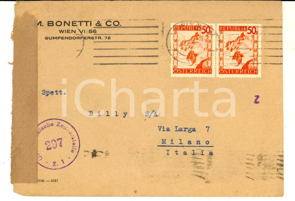 Cartolina originale da collezione 1949 STORIA POSTALE WIEN Busta M. BONETTI Affrancata 50g OSTERREICH 1