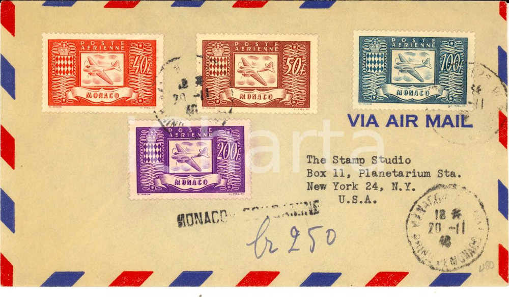 Materiale pubblicitario d’epoca 1946 STORIA POSTALE MONACO Busta poste aÃ©rienne Valori diversi AIR MAIL 1