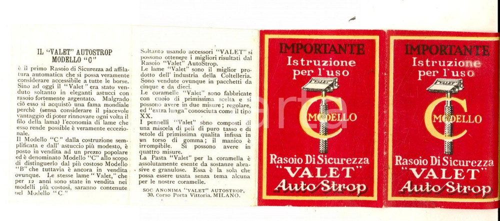 Materiale pubblicitario d’epoca 1940 ca MILANO Rasoio di sicurezza VALET AUTOSTROP modello C Pieghevole 6x5 1