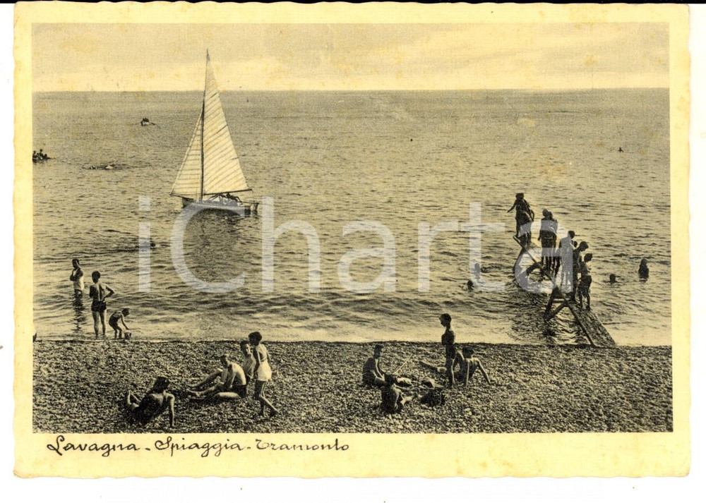 Cartolina originale da collezione 1939 LAVAGNA GE Spiaggia al tramonto Cartolina ANIMATA bambini FG VG 1