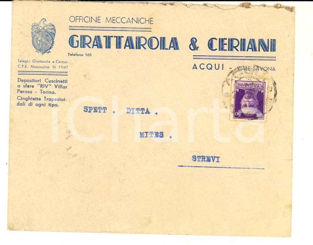 Documento originale, autentico 1941 ACQUI TERME Officine meccaniche GRATTAROLA & CERIANI Busta intestata 1