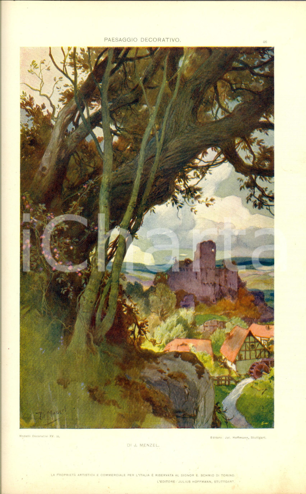Stampa, bozzetto originale 1910 ca J. MENZEL Paesaggio decorativo Tavola 35x25 cm da MODELLI DECORATIVI 1