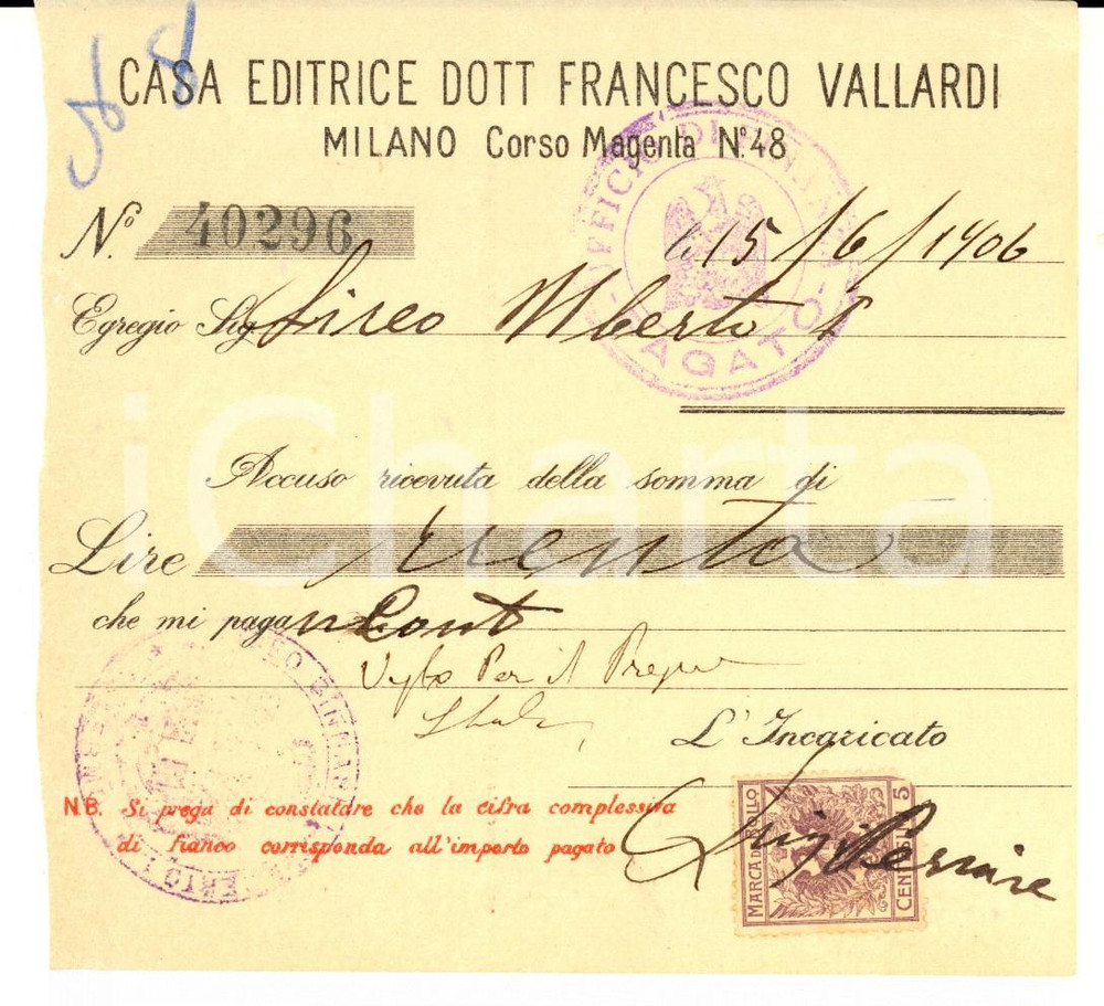 Documento originale, autentico 1906 MILANO Casa editrice Francesco VALLARDI  Ricevuta per acquisto libri 1