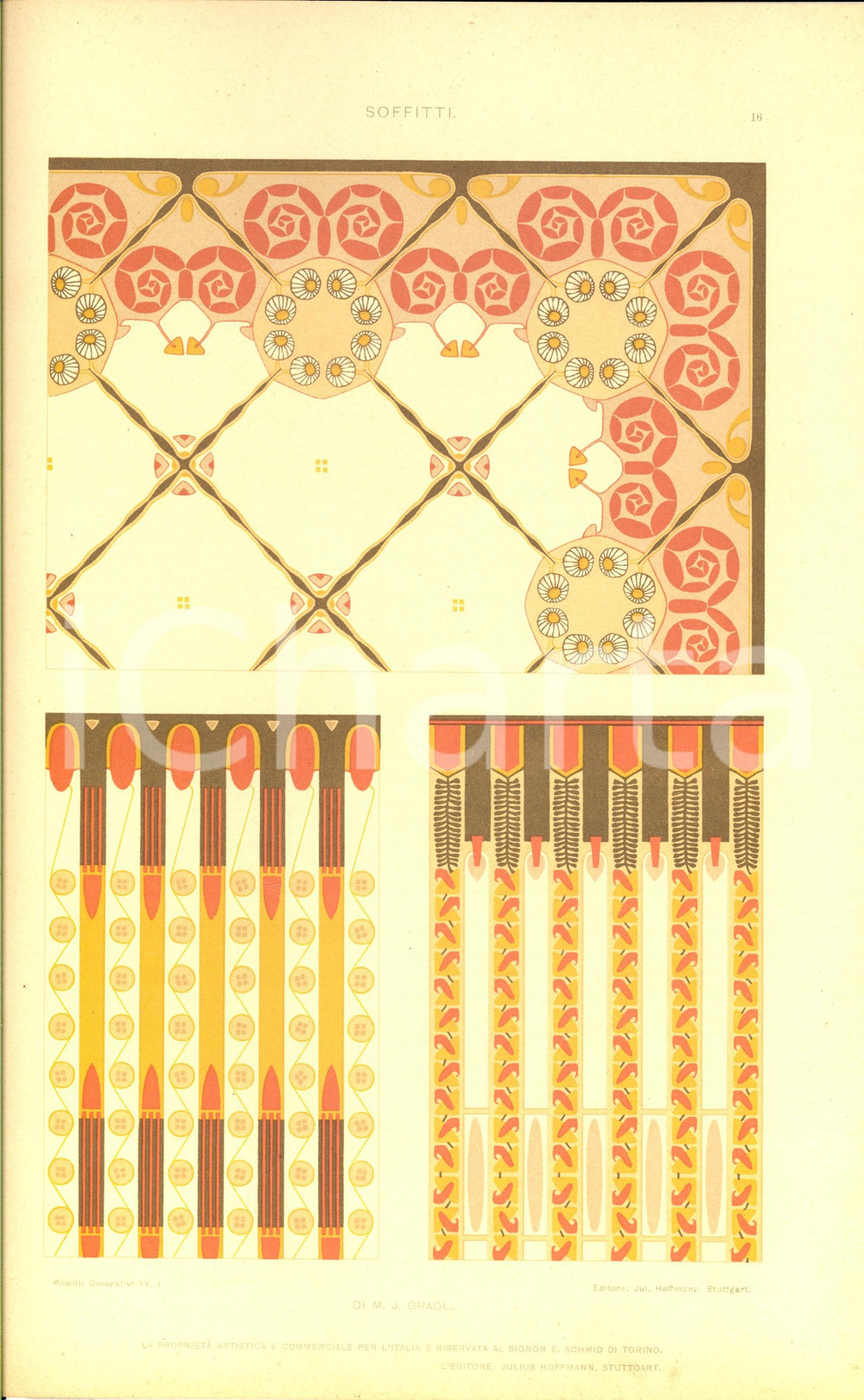 Stampa, bozzetto originale 1910 ca M. J. GRADL Soffitti Tavola 35x25 cm da MODELLI DECORATIVI 1