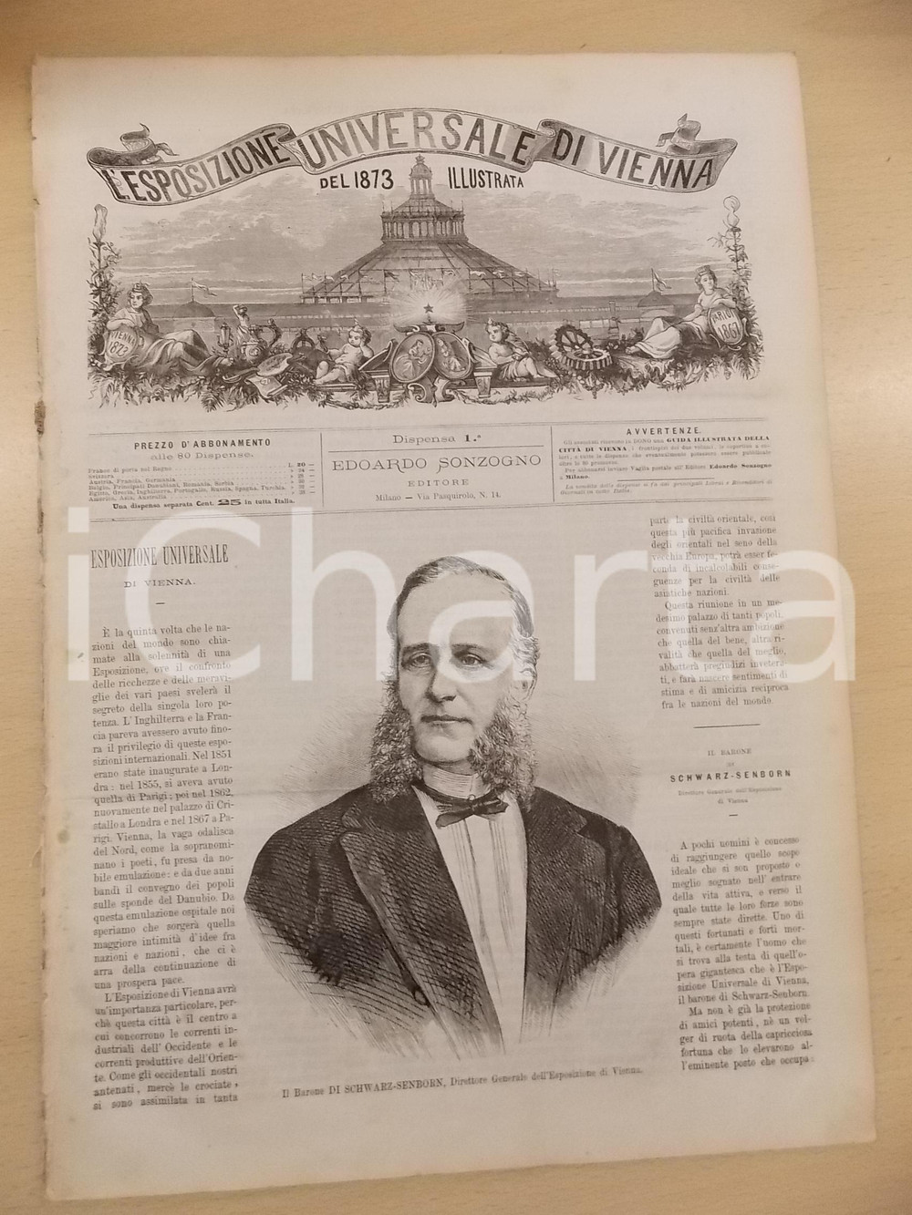 Giornale, rivista storica 1873 ESPOSIZIONE UNIVERSALE DI VIENNA Il barone di SCHWARZSENBORN Rivista n°1 1