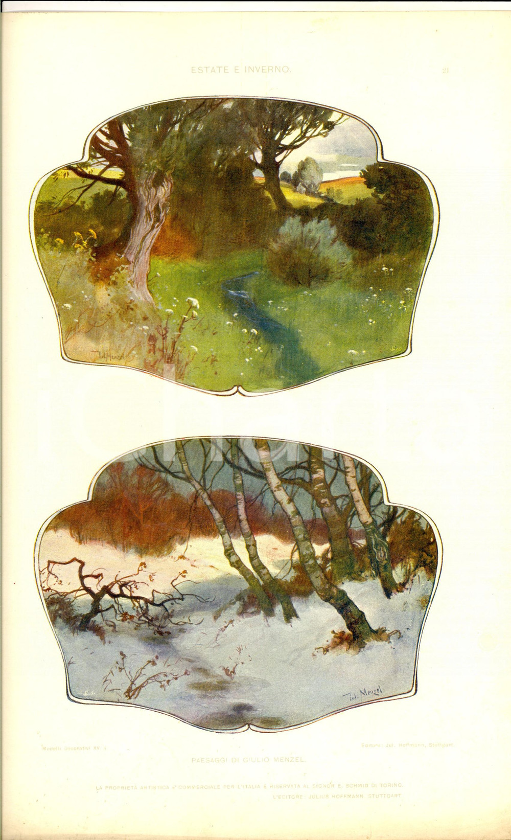 Stampa, bozzetto originale 1910 ca Giulio MENZEL Paesaggi Tavola 35x25 cm da MODELLI DECORATIVI 1