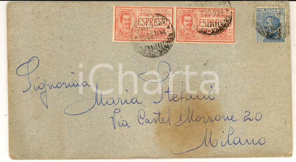 Cartolina originale da collezione 1910 ca STORIA POSTALE Busta Floreale Espresso cent. 25 + Michetti SIGILLO 1