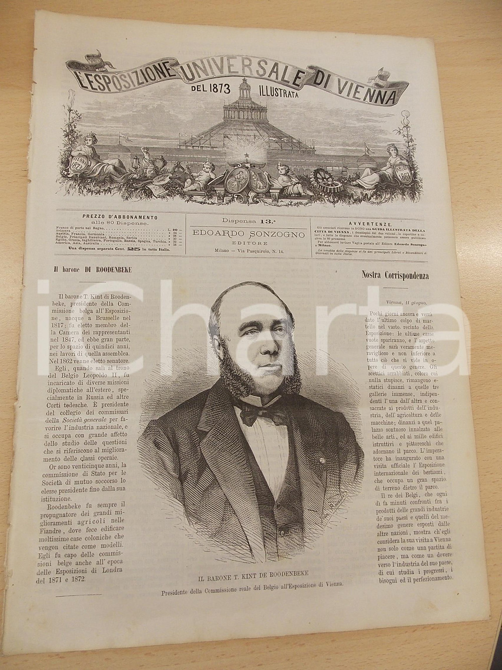 Giornale, rivista storica 1873 ESPOSIZIONE DI VIENNA Barone di ROODENBEKE  Bestiame esposto Rivista n°13 1