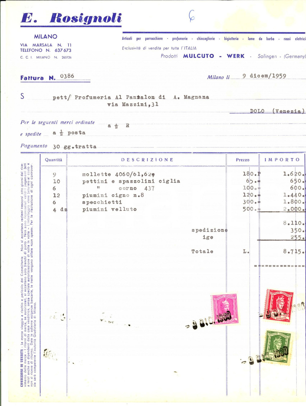 Documento originale, autentico 1959 MILANO Ditta E. ROSIGNOLI Articoli per profumerie Fattura con bolli 1