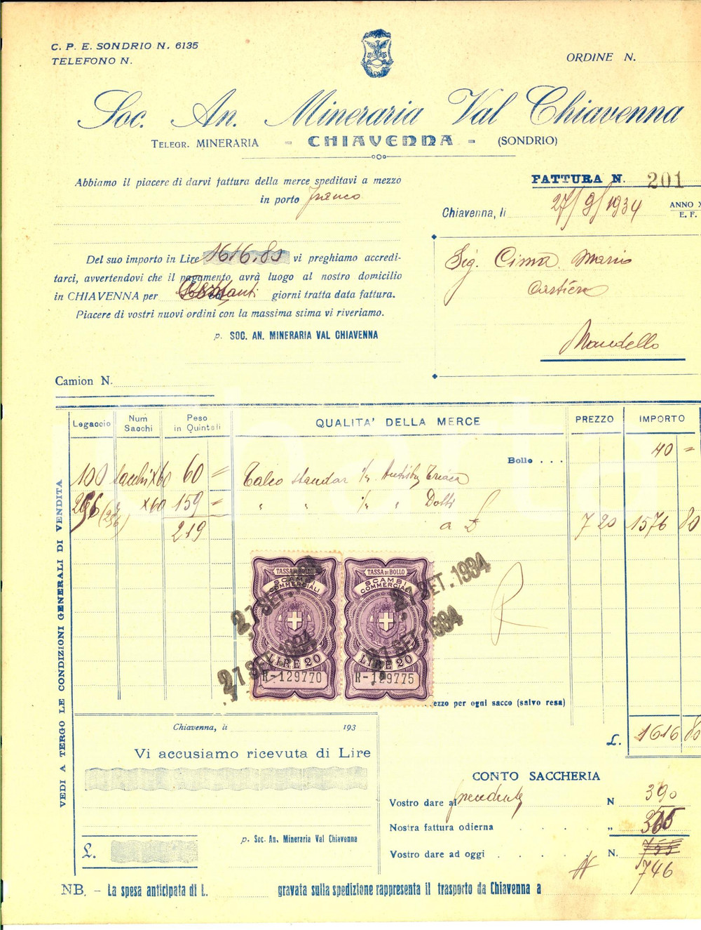 Documento originale, autentico 1934 CHIAVENNA Soc. An. Mineraria VAL CHIAVENNA Fattura intestata con bolli 1