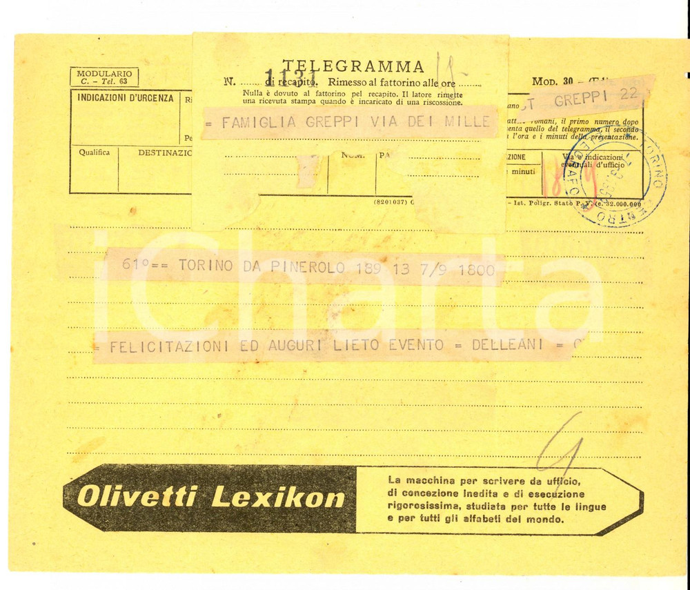 Documento originale, autentico 1953 TORINO Telegramma pubblicitario OLIVETTI LEXICON  YOMO VINTAGE 3 1