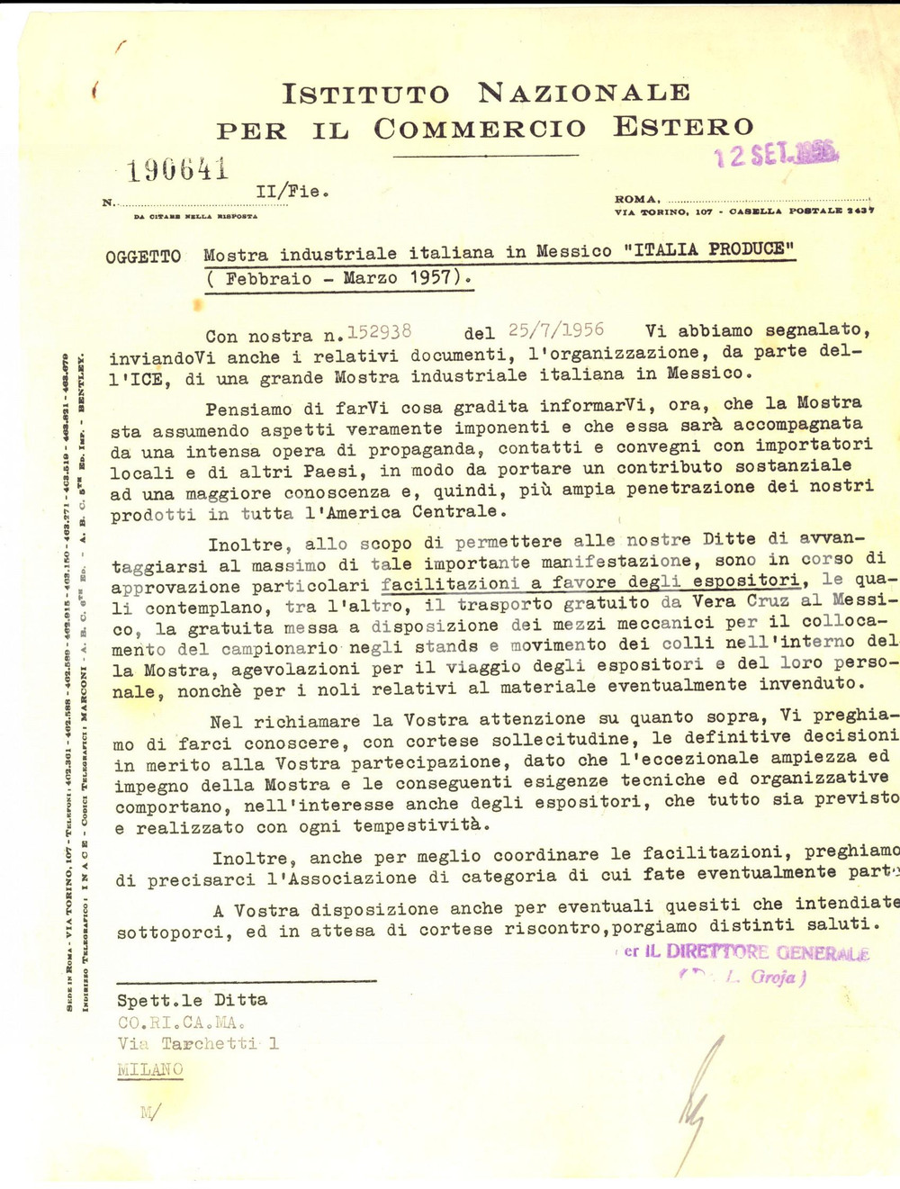 Documento originale, autentico 1956 ROMA COMMERCIO ESTERO Mostra industriale in Messico ITALIA PRODUCE 1