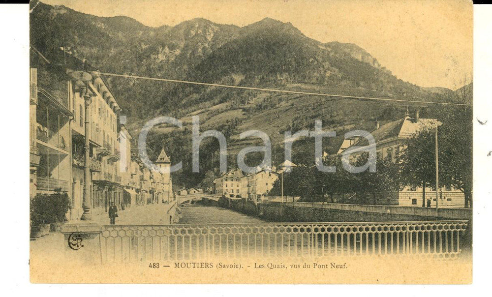 Cartolina originale da collezione 1905 MOUTIERS / SAVOIE Les Quais, vus du Pont Neuf Carte postale VINTAGE 1