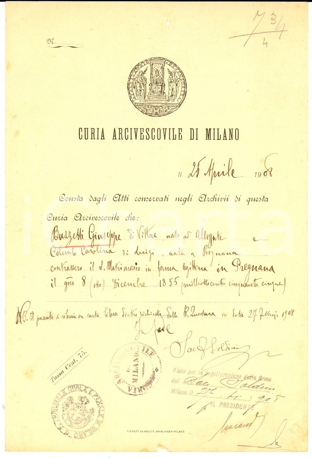 Documento originale, autentico 1908 PREGNANA MILANESE Certificato nozze Carolina COLOMBO  Giuseppe BUZZETTI 1
