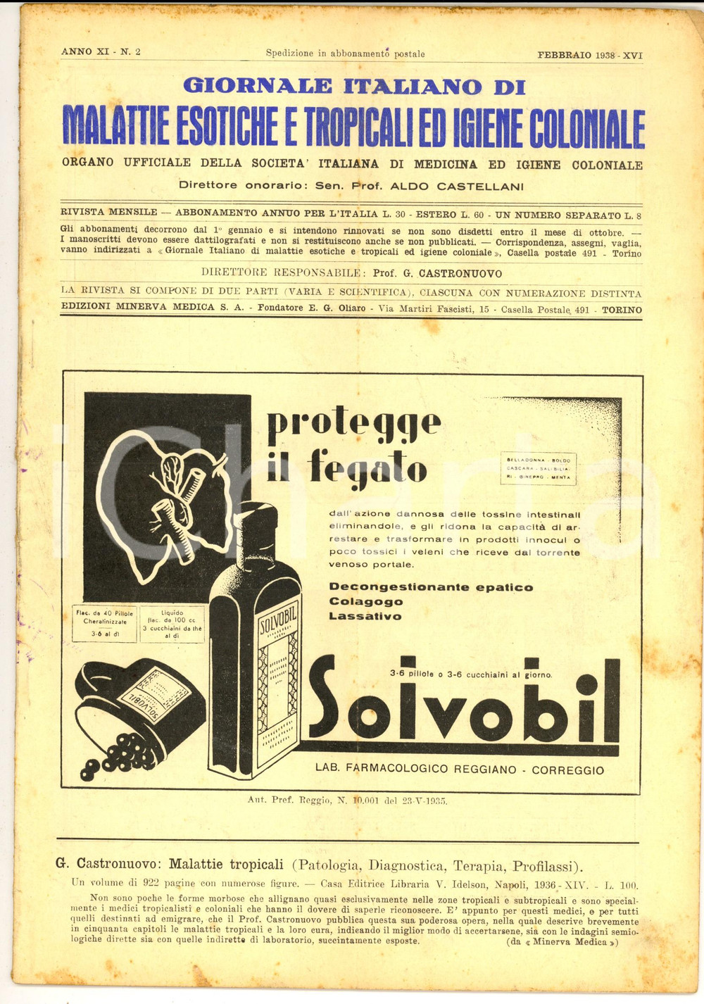 Giornale, rivista storica 1938 GIORNALE ITALIANO MALATTIE ESOTICHE Malaria nelle colonie Anno XI nÂ° 2 1