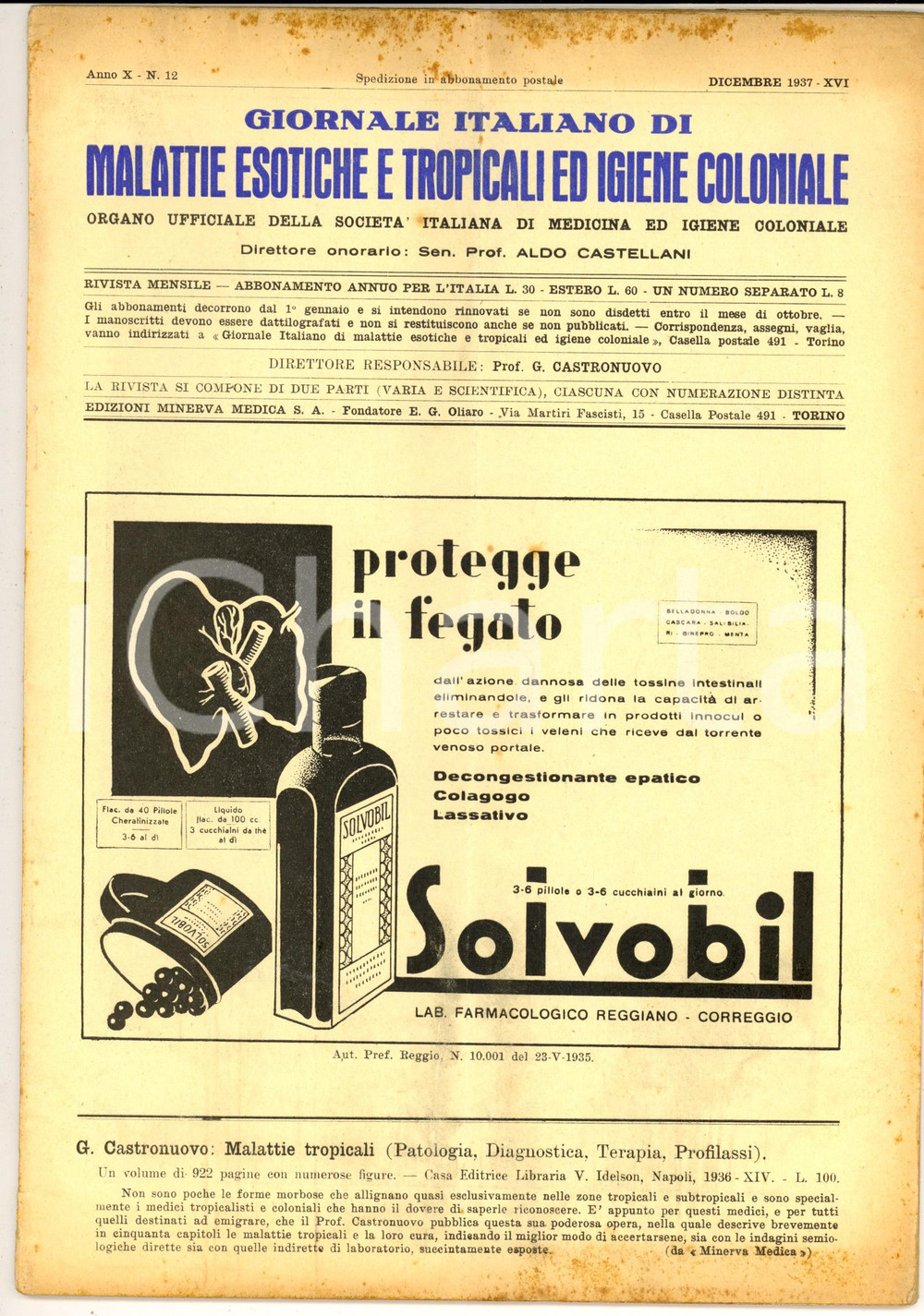 Giornale, rivista storica 1937 GIORNALE ITALIANO MALATTIE ESOTICHE Il tifo in Eritrea Anno X n° 12 1