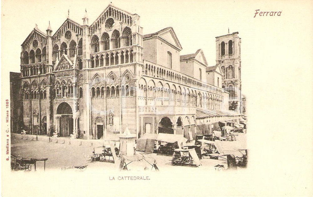 Cartolina originale da collezione 1905 ca FERRARA Bancarelle di fianco alla Cattedrale Cartolina FP VG 1