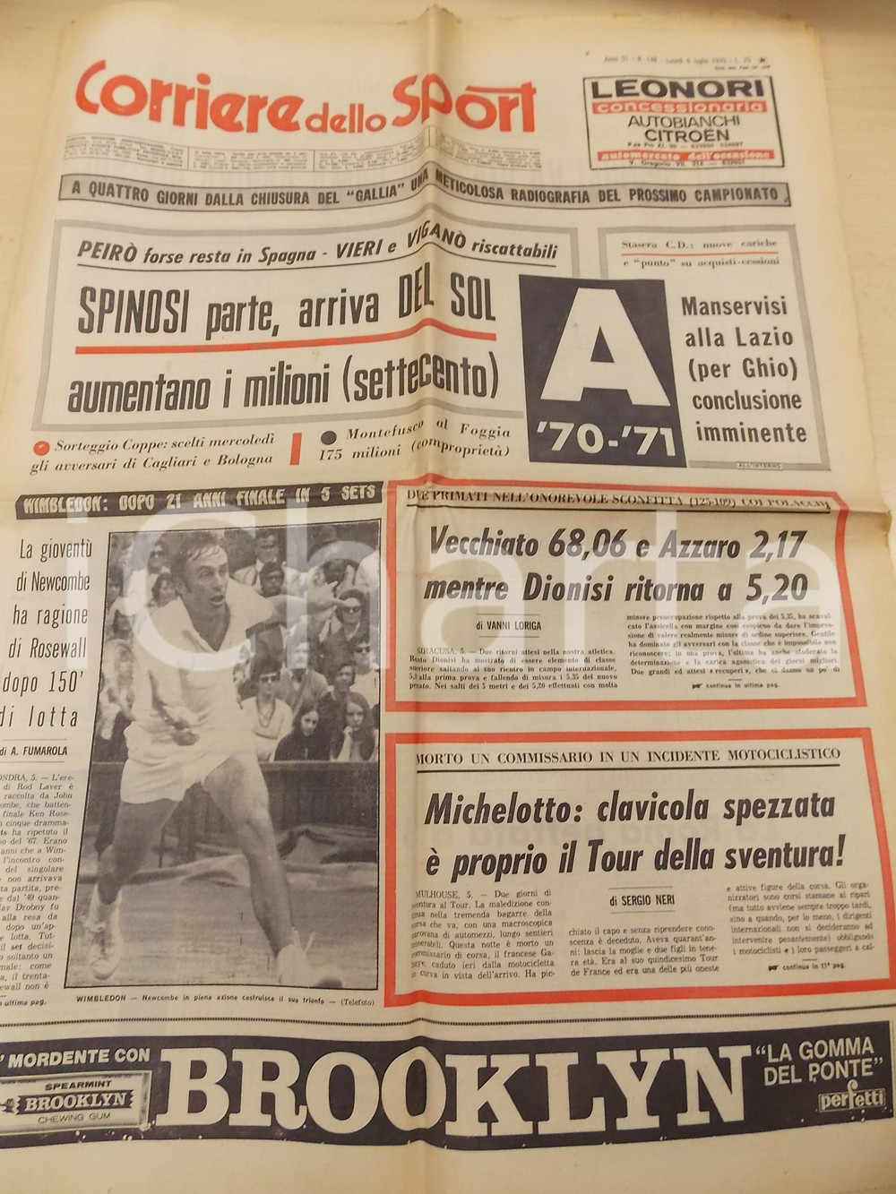 Giornale, rivista storica 1970 CORRIERE DELLO SPORT TENNIS Trionfo di John NEWCOMBE a WIMBLEDON Giornale 1