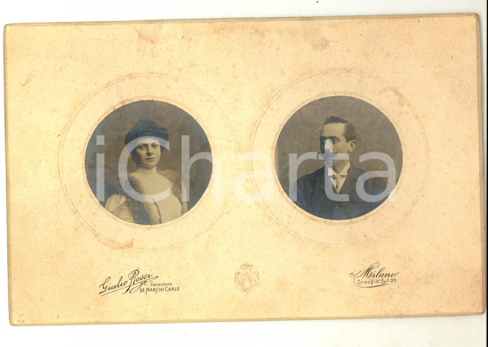 Fotografia d epoca originale 1910 ca MILANO Coppia di sposi con donna in pelliccia Foto Giulio ROSSI 20x15 1