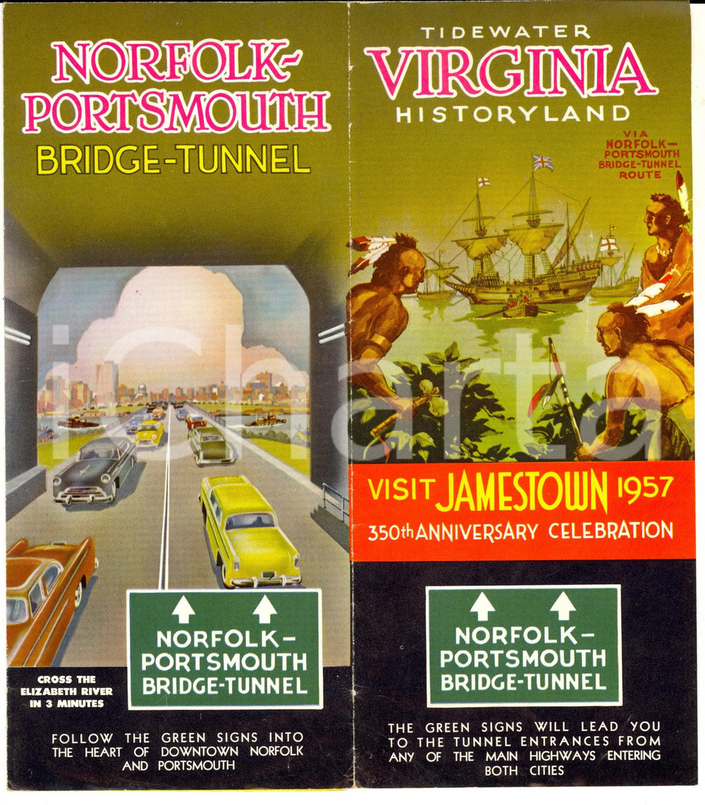 Materiale pubblicitario d’epoca 1957 VIRGINIA USA Bridgetunnel NORFOLKPORTSMOUTH Pieghevole English 1