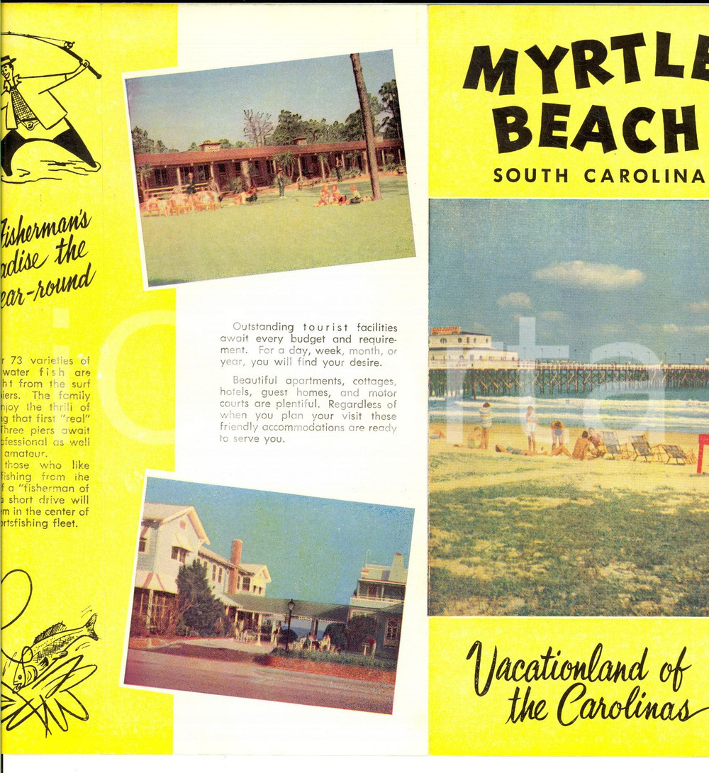 Materiale pubblicitario d’epoca 1950 ca SOUTH CAROLINA USA MYRTLE BEACH Pieghevole TURISMO VINTAGE English 1
