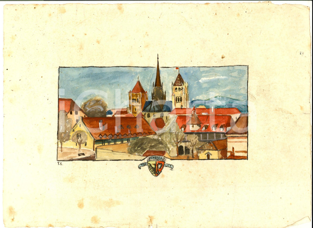 Opera d’arte autentica 1900 ca ARTE GINEVRA Veduta panoramica del centro Acquerello 30x21 cm 1