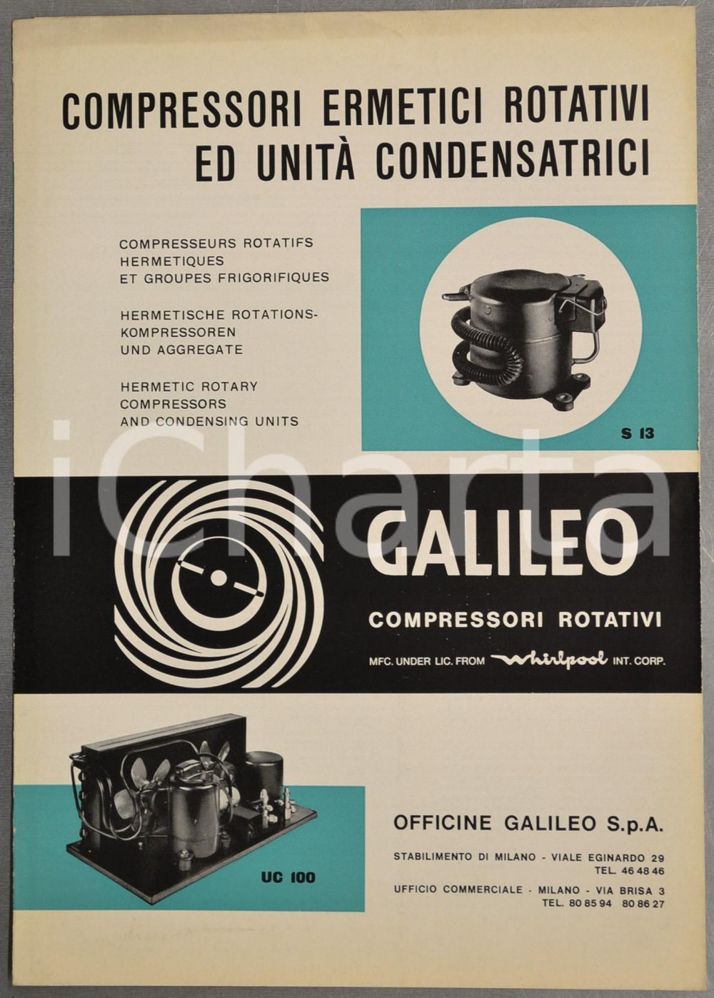 Materiale pubblicitario d’epoca 1965 OFFICINE GALILEO MILANO Compressori ermetici rotativi ILLUSTRATO 1
