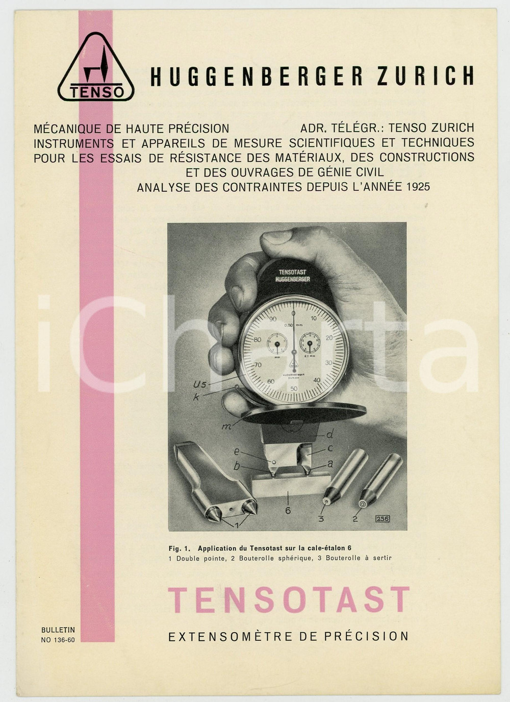 Materiale pubblicitario d’epoca 1960 TENSO ZURICH Extensométre de précision TENSOTAST Brochure 4 pp. 1