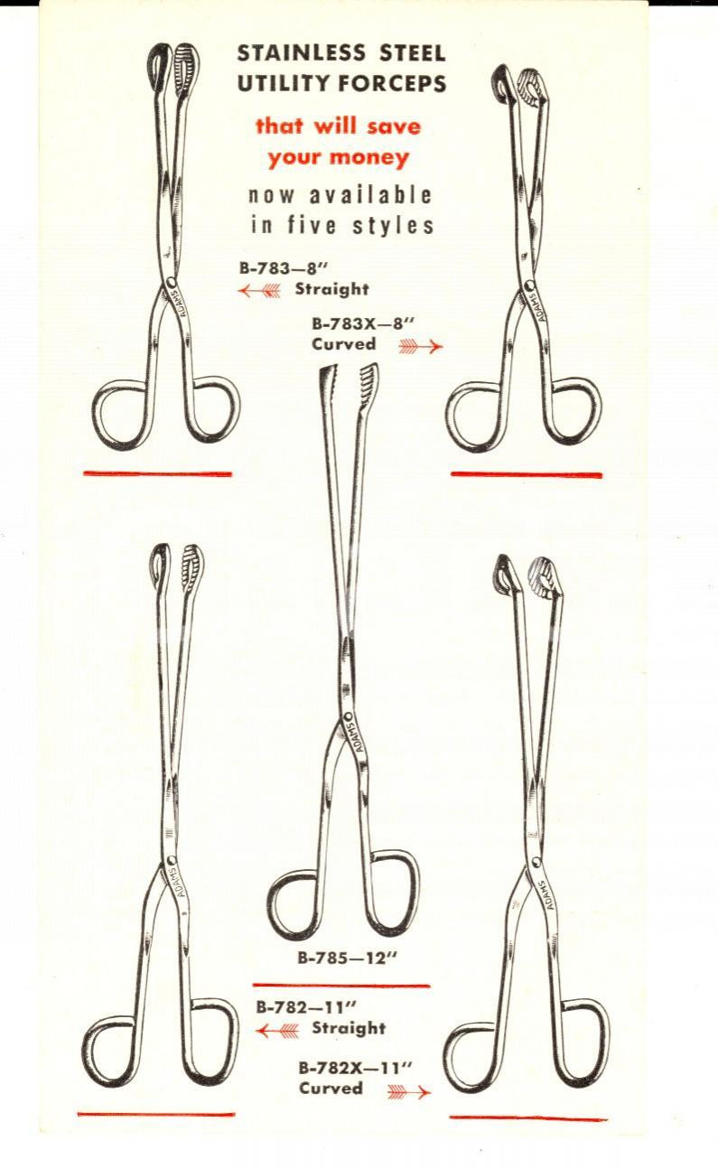 Materiale pubblicitario d’epoca 1953 NY CLAYADAMS COMPANY Stainless steel  utility forceps Volantino 1