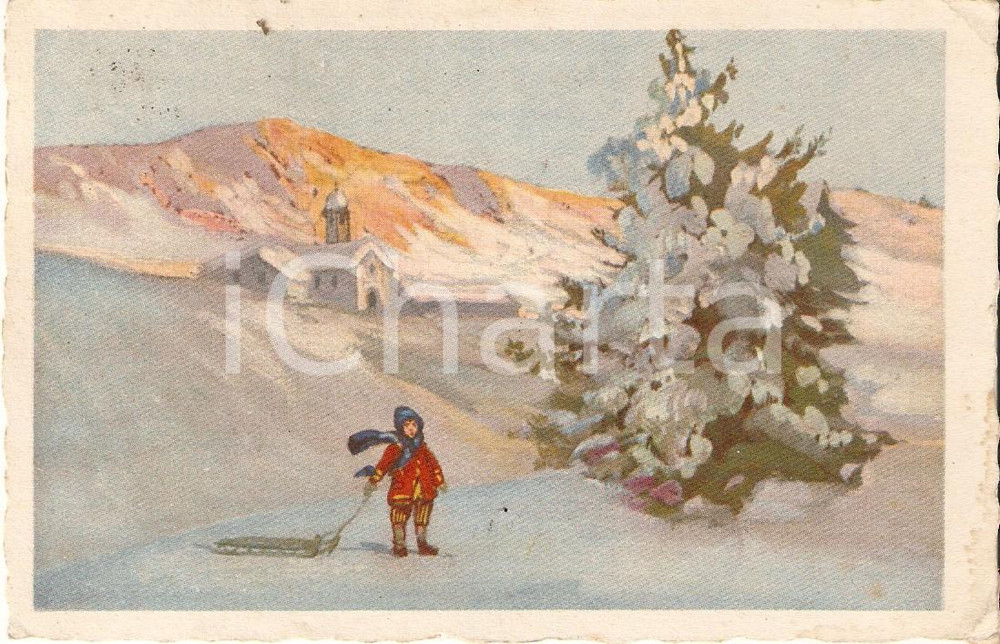 Cartolina originale da collezione 1926 BUON NATALE Bmabino con slittino Cartolina FP VG 1